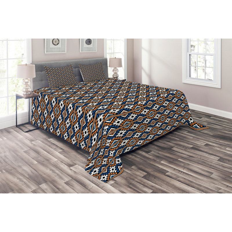 Rustic Geometric Shapes Coverlet, King Bedspread + 2 Shams