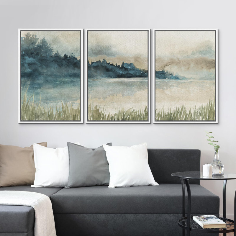 "Dusk Hues, aquarelle abstraite, paysage paisible, lac, nature sauvage, illustrations, décor moderne", 3 pièces, Blanc