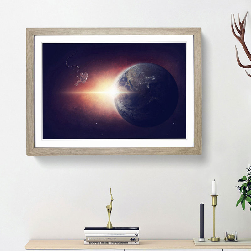 Astronaut & Planet Earth - Picture Frame Graphic Art Print, 48cm H x 65cm W x 2cm D, Oak Framed