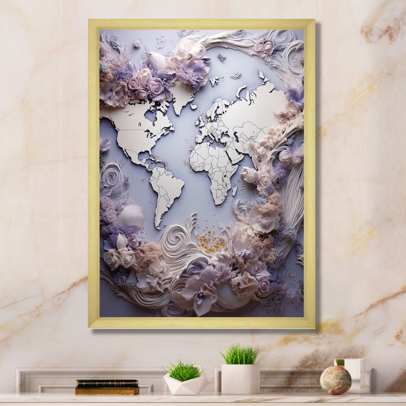 " Ethereal Lavender World Map ", Gold Single Picture Framed, 32" H x 16" W
