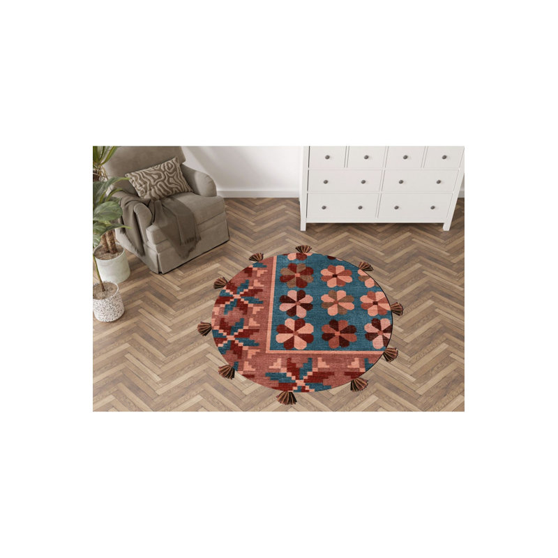 Tapis bleu lavable décoratif multicolore bleu, Sous-tapis rond 3 pi 3 po inclus