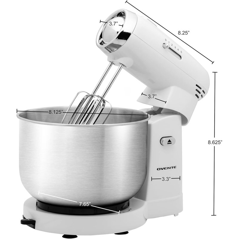 OVENTE Electric Stand Mixer with 3.5 Quarts Stainless Steel Mixing Bowl, 5 Speed Portable and Lightweight 250W Kitchen Mixer for Everyday Use, Includes 2 Egg Beater Whisk and Dough Hook, White SM680W