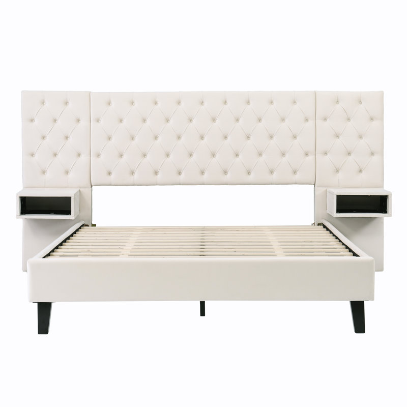 Lit plateforme tapissier grand en velours avec tête de lit, 2 tables de chevet, beige, sans sommier, option d'assemblage rapide Technique simple et moderne