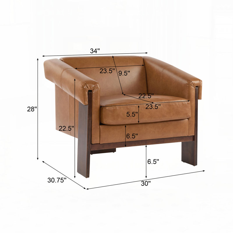 34" Accent Chair with Deep Cushions Wide Chair Living Room Chair Bedroom Chair, Brown Faux Leather