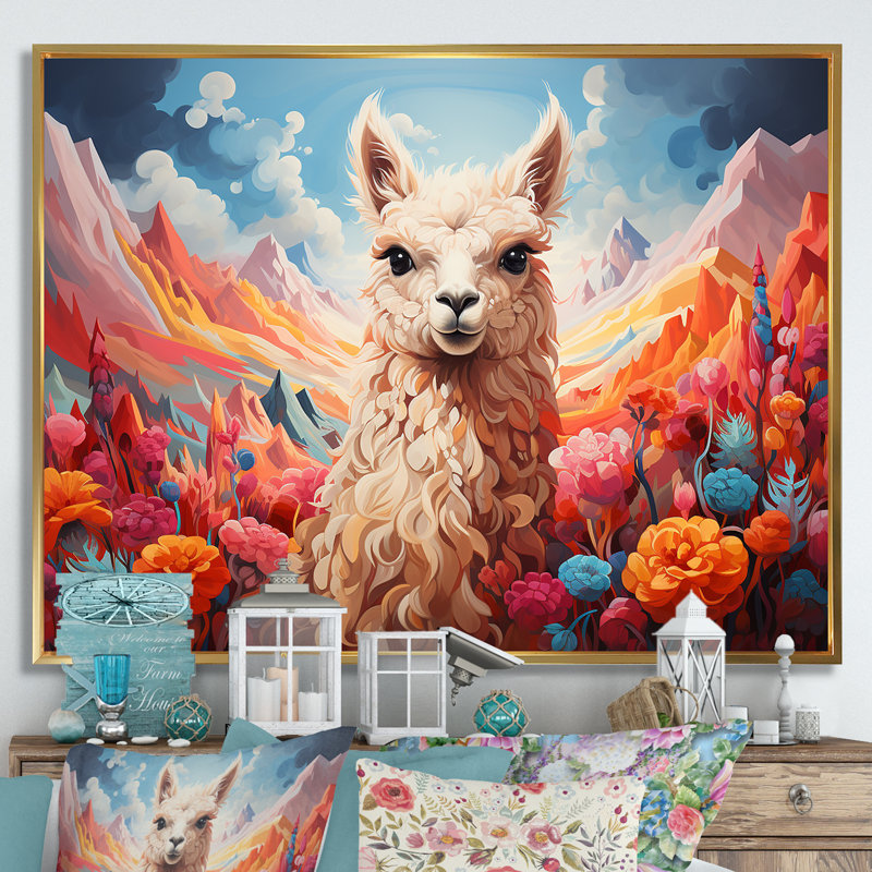 Enchanting Alpaca Valley - Alpaca, art mural, Cadre flottant doré, H 34 po x l 44 po x P 1,5 po