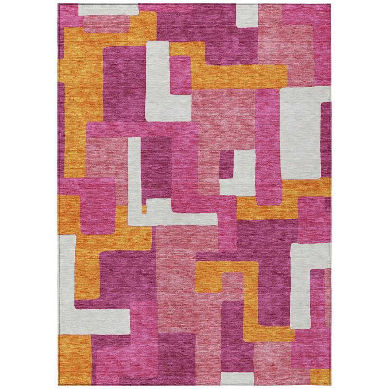 Pink Geometric Machine-Washable Rectangular Indoor/Outdoor Rug
