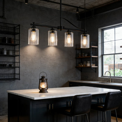 Luminaire suspendu linéaire à 4 lumières pour îlot de cuisine, luminaire de salle à manger noir mat réglable en hauteur avec abat-jour en verre transparent, installation facile sur une table
