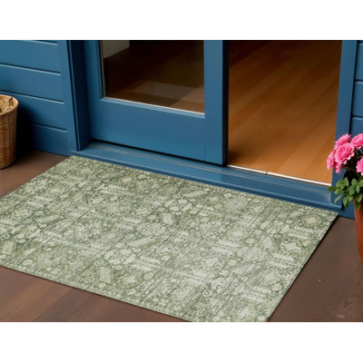 Tapis intérieur/extérieur lavable, vert artichaut et ivoire, motif tribal, 90 x 150 cm