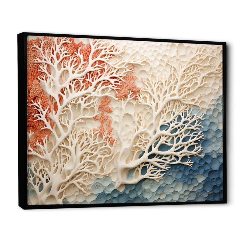 «Rose and White Coastal Coral Collage I» - art mural corail sous l'eau, H 16 po x l 32 po, Reproduction avec cadre flottant