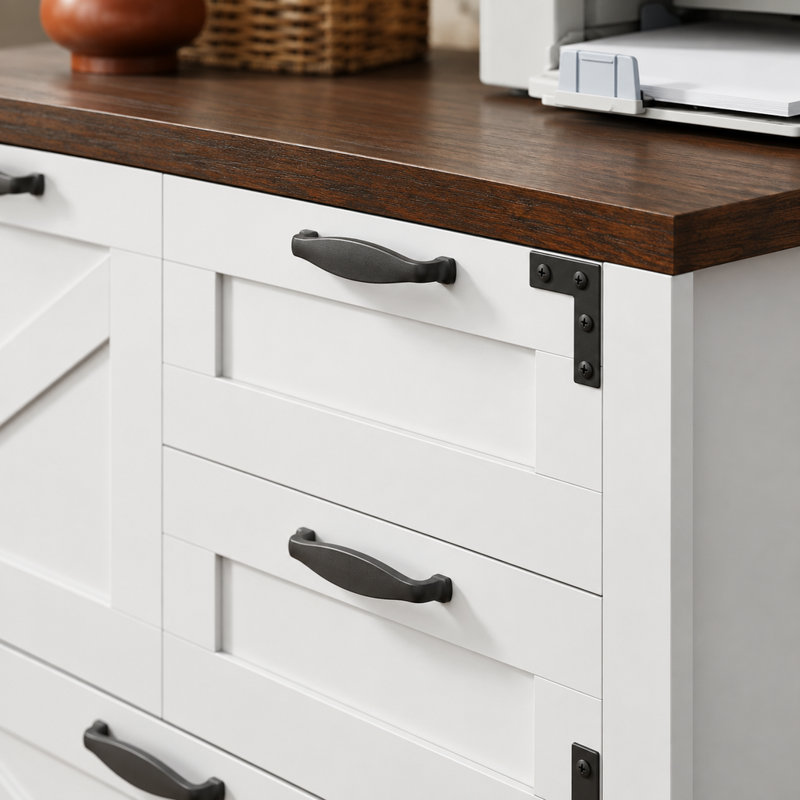 Classeur latéral blanc de style campagnard à 4 tiroirs avec rails de suspension réglables pour dossiers au format lettre, A4 et légal, support pour imprimante pour bureau à domicile