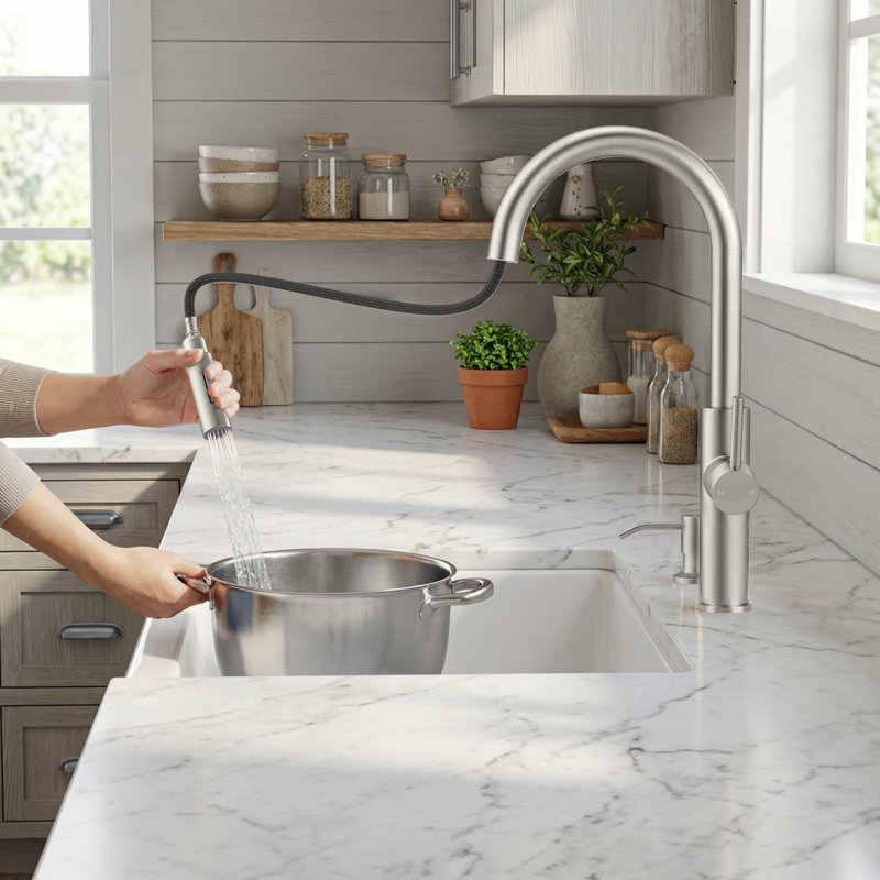 Kitchen Faucet With Pull Down Sprayer, Stainless Steel, Without Soap Dispenser