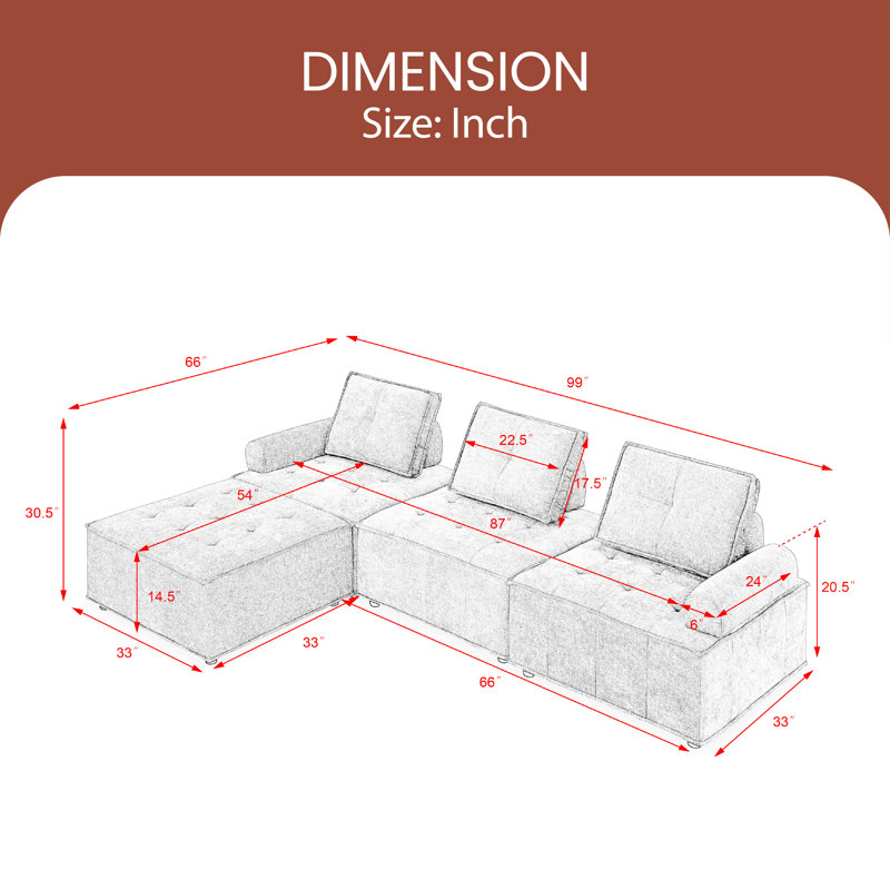 Demko Upholstered L-Shaped Sectional with Ottoman Reversible, Red Chenille