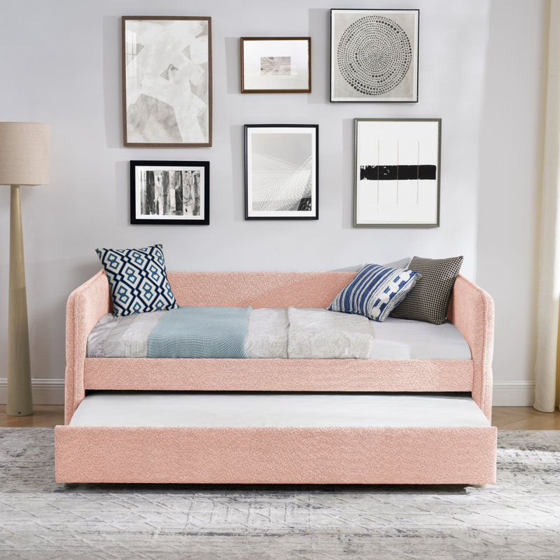 Lit de jour avec canapé-lit tapissier capitonné Popup, taille simple, tissu Boucle, Rose