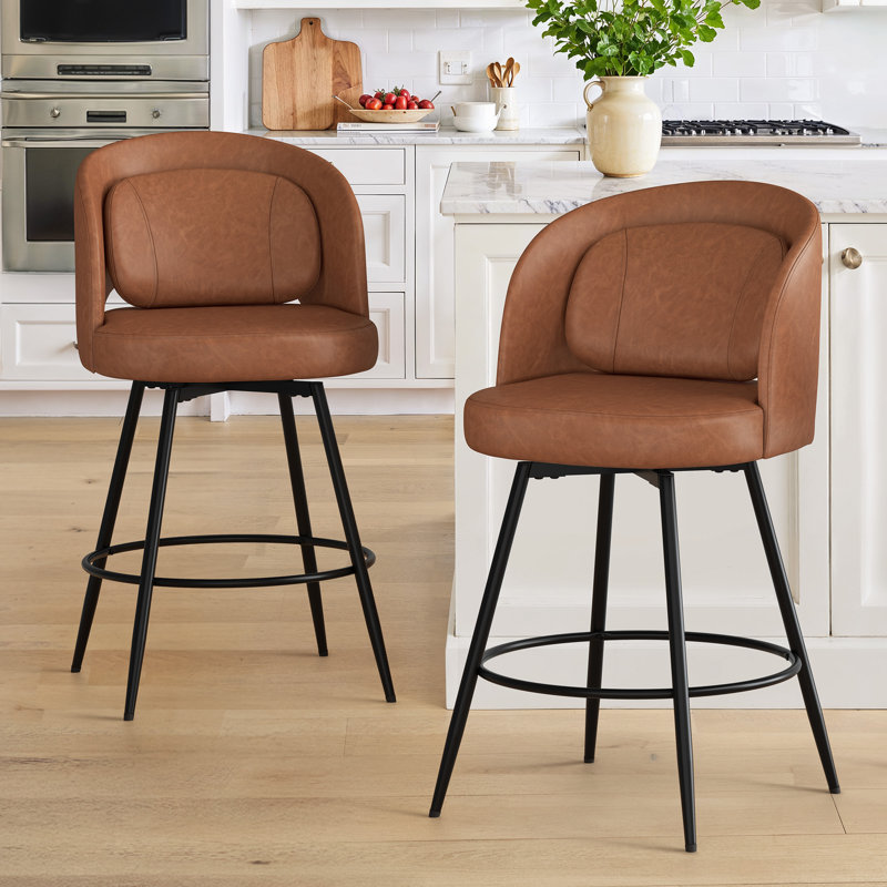 26" H Swivel Counter Stool with Metal Frame, Brown/Faux Leather, 3