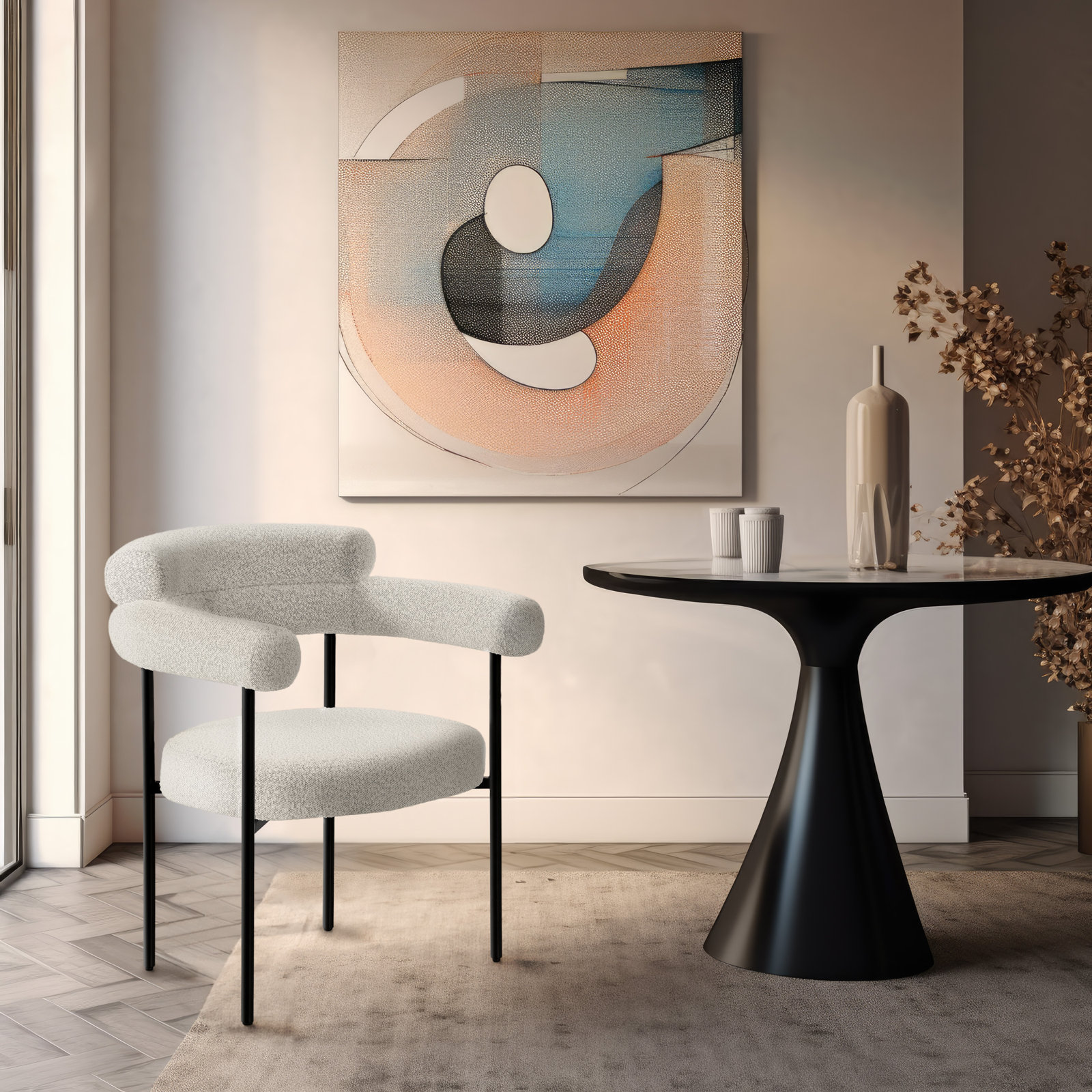 Dining Armchair, Cream Boucle, Matte Black
