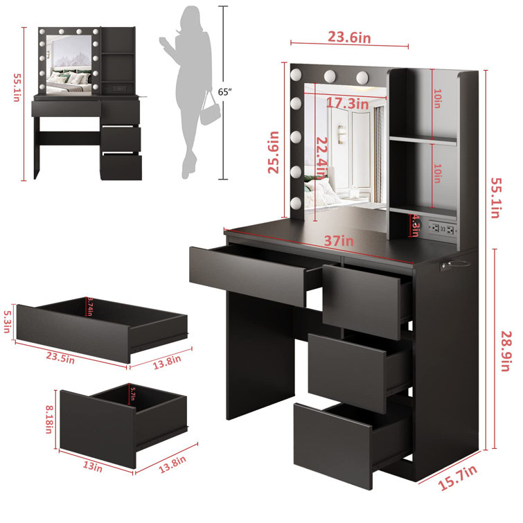 Latitude Run® Jamaiyah Large Vanity Desk with Storage Shelves, 5 Drawers,  Glass Cabinet