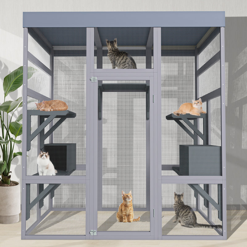 Cage d'extérieur en bois 62,6 po pour chats, grande enceinte pour chat avec toit imperméable, 2 maisons et plateformes pour faire la sieste, cage en métal antirouille pour patio ou cour arrière
