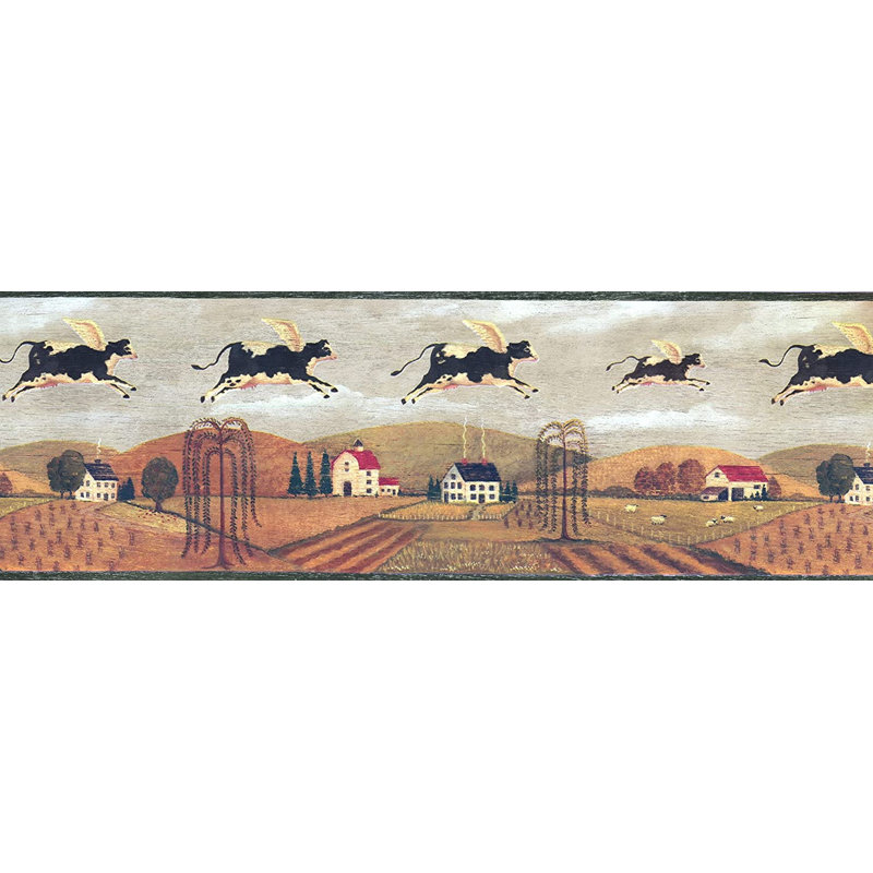 Bordure de papier peint Alagie Village Fields House Flying Cows 15 'L x 8 "