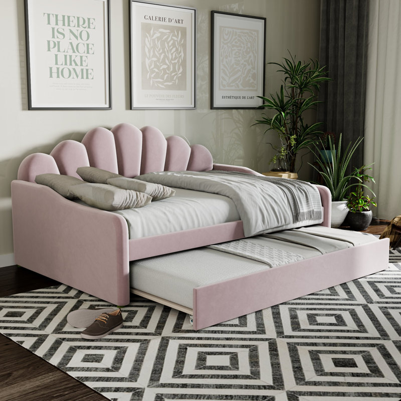Kaleab Upholstered Full Daybed, Curved Arms Shalle, Shaped Backrest, Sofa, Guest Bed, Pink