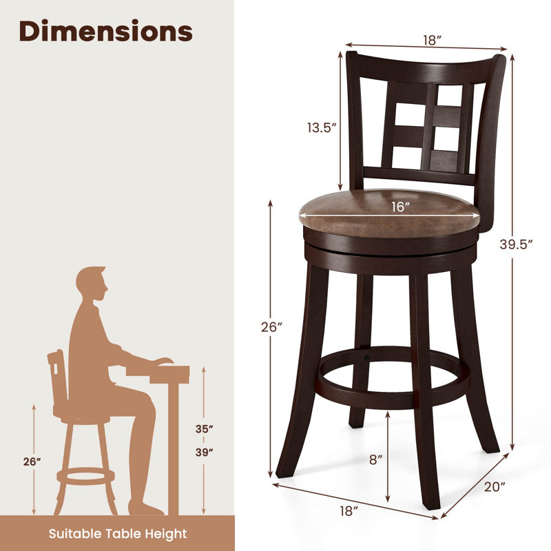 Set Of Bar Stools Swivel Bar Chairs With Footrest, Lattice Backrest, 2,  Counter Stool (26” Seat Height)