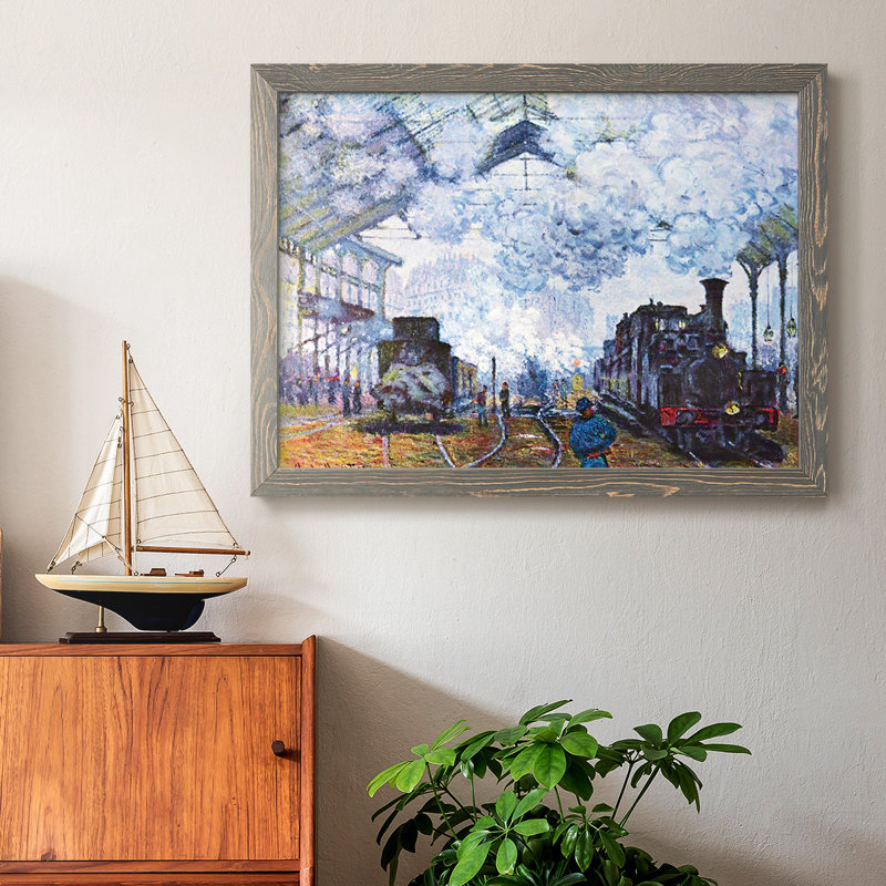 Station Saint Lazare à Paris, arrivée d'un train par Monet - Toile tendue avec châssis encadré rustique, Gris
