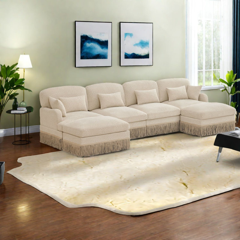 Spacious Chenille Sofas, Modern Tassel U Shaped Seating For Home