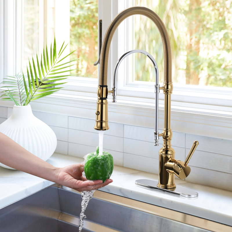 Pull Out Gooseneck High-Arc Kitchen Faucet, Gold/Chrome