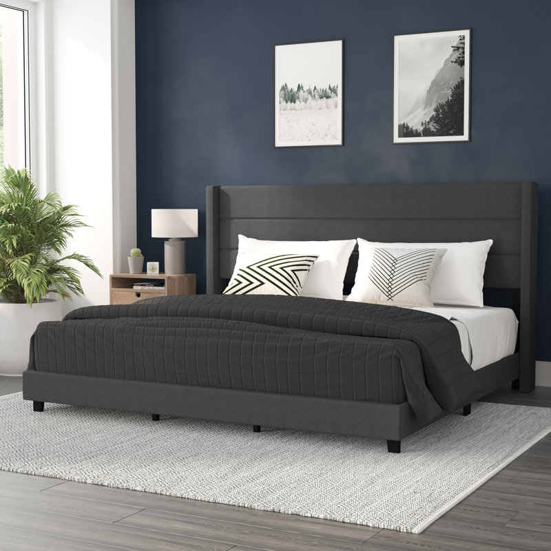 Lit plateforme tapissier avec tête de lit à oreilles et sommier à lattes, Très grand, Gris anthracite