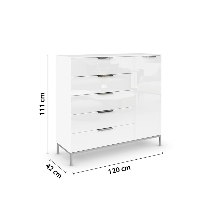 Flipp 5 - Drawer Chest of Drawers, Alpine White/White Glass/Graphite