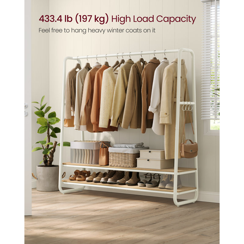 Clothes Rail, Clothes Rack With 2 Shelves, 6 S-Shaped Hooks, Steel Frame, For Bedroom, White