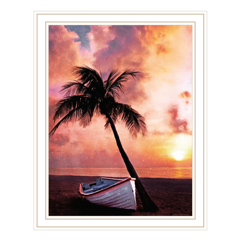 «Ismene Palm Tree Sunset» encadré sur bois par Bluebird Barn Print, H 18 po x l 14 po x P 1 po, Cadre blanc et or