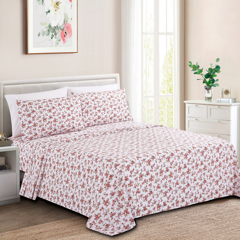 Marina Decoration Home Decor Bedding Bedroom Bedsheet Soft Silky Deep Pocket Rayon from Bamboo All Season 4 Pieces Printed Sheet Set with 2 Pillowcases, Pink Small Ditsy Floral Pattern Twin/Single