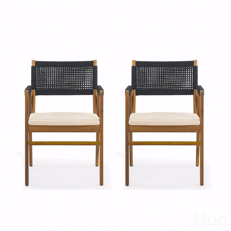 Set Of 2 Outdoor Patio Dining Chair, Acacia Wooden Armchair With Cushion, Black Rope, Brown/Black