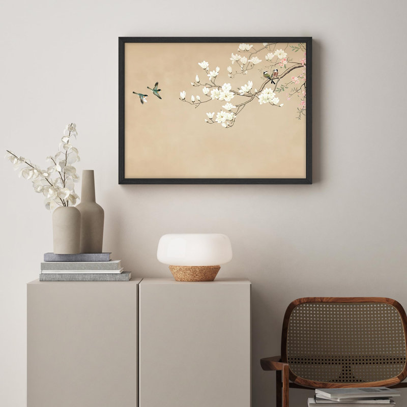«Magnolia Blossoms and Birds in a Soft Pastel Palette», affiche rustique encadrée, H 11 po x l 14 po, Noir, noir, noir, noir