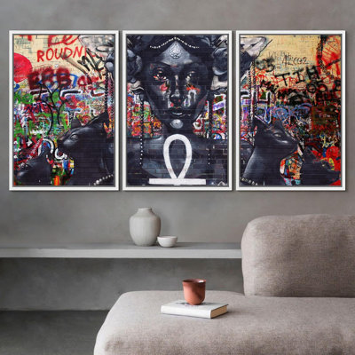 Pop Urban Street " Spray Paint Woman Egyptian Ankh Graffiti & Street Art Colorful Modern Art Urban Portrait " 3 - Pieces