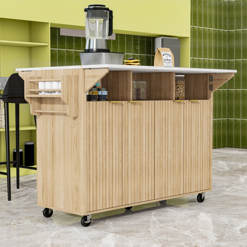 Chariot pour îlot de cuisine roulant avec 2 abattants, prise de courant, 4 portes cannelées et support à épices