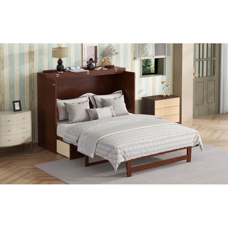 Armoire lit escamotable en pin avec décoration en rotin et tiroir de rangement pour une chambre à coucher peu encombrante