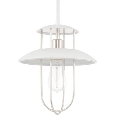 12" Industrial Farmhouse Metal Cage Hanging Ceiling Lantern Pendant Light, Adjustable Height, White + Brushed Nickel Finish