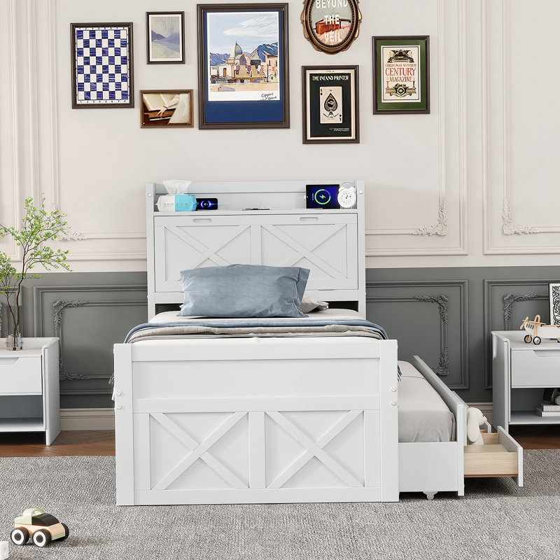 Lit simple en bois avec tête de lit avec rangement et prises de courant, lit extensible avec lit gigogne simple, Simple, gris