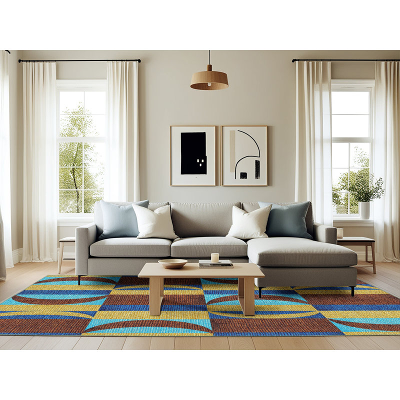 Tapis brun/vert/bleu à motifs, Rectangle 6 pi x 9 pi