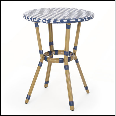 Outdoor Aluminum 3 Piece French Bistro Set with Bamboo Finish Rust Resistant PE Wicker One Table Two Chairs