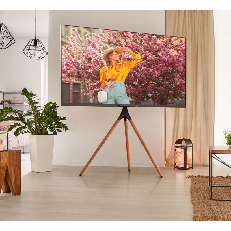 Modern Black Matte Tripod TV Stand with Wooden Legs