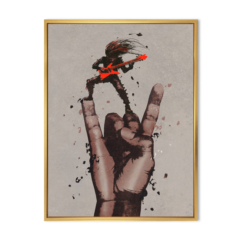 Rock and Roll Sign with Guitarist - Peinture sur toile, H 40 po x l 30 po x 1,5 po, Cadre flottant doré