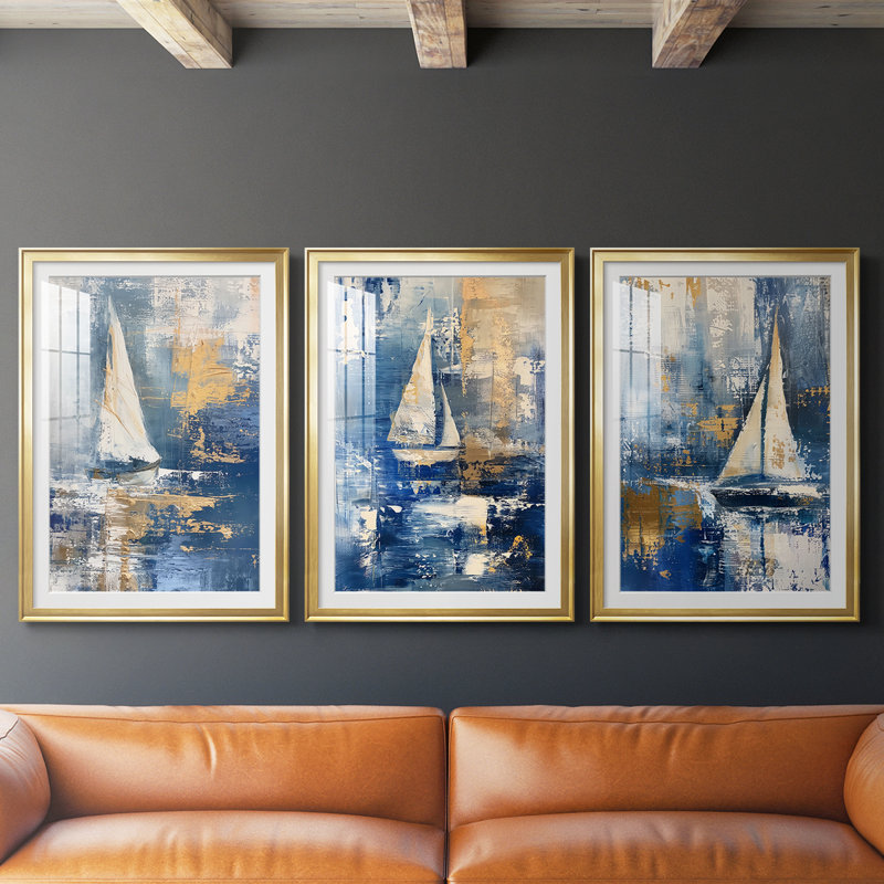 NAUTICAL Series CLXXXVI - Impression sur mesure avec cadre de qualité supérieure mat - 3 pièces, H 19 po x l 27 po, Doré