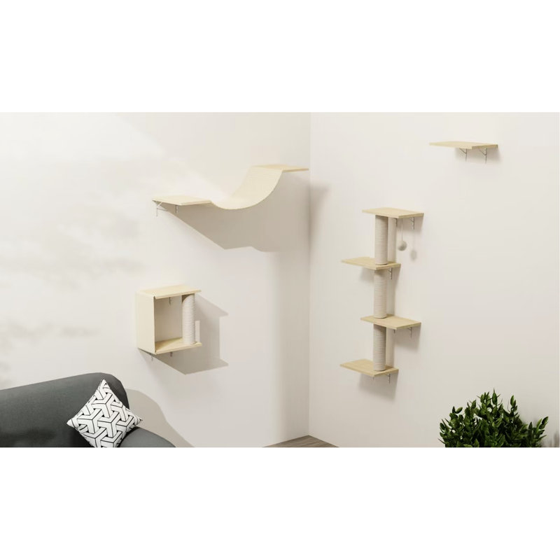 Ensemble de meubles muraux pour chat 4 pièces avec pont, marches et arbre en corde, tissu souple et doux, installation facile à bricoler chaude à assembler