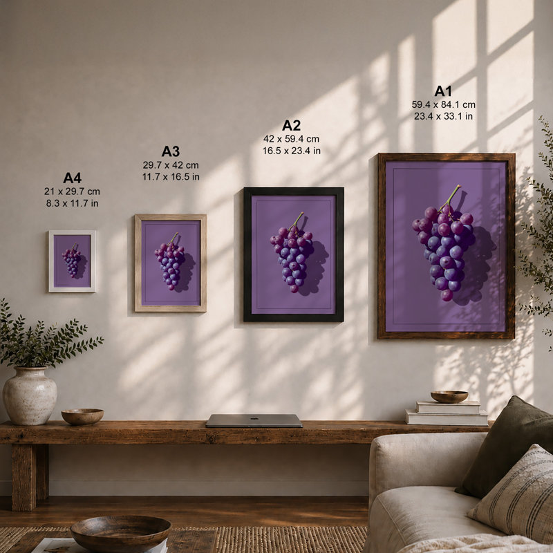 Purple Grapes Botanical - Framed Print, A3 - 42.0 x 29.7 cm, White