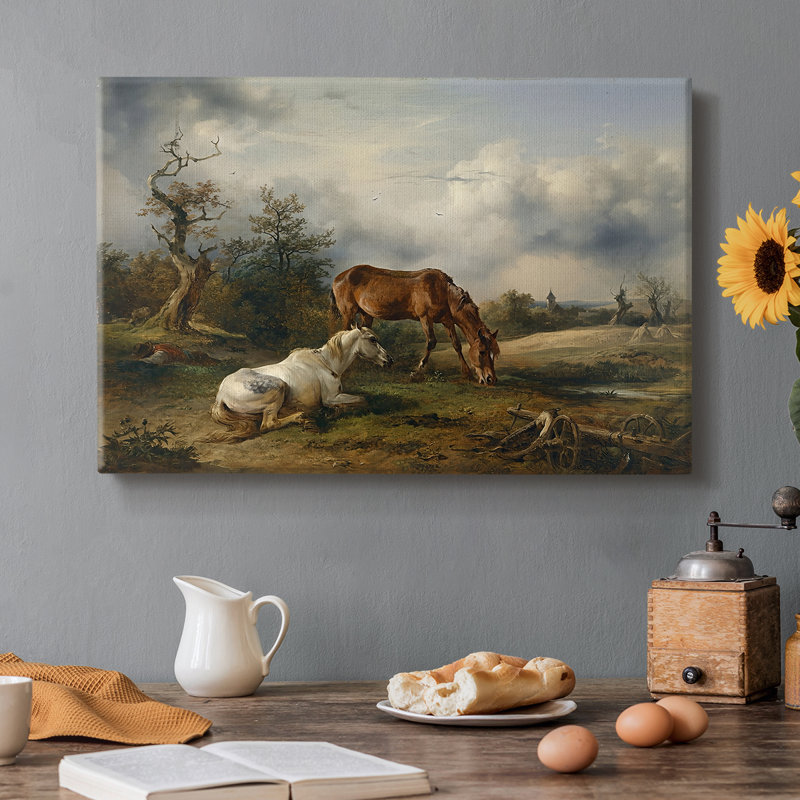Chevaux dans un pré (Pferde auf der Weide) -Friesrich Gauermann-Toile tendue avec châssis-c. Milieu du 19e siècle, 8 x 12