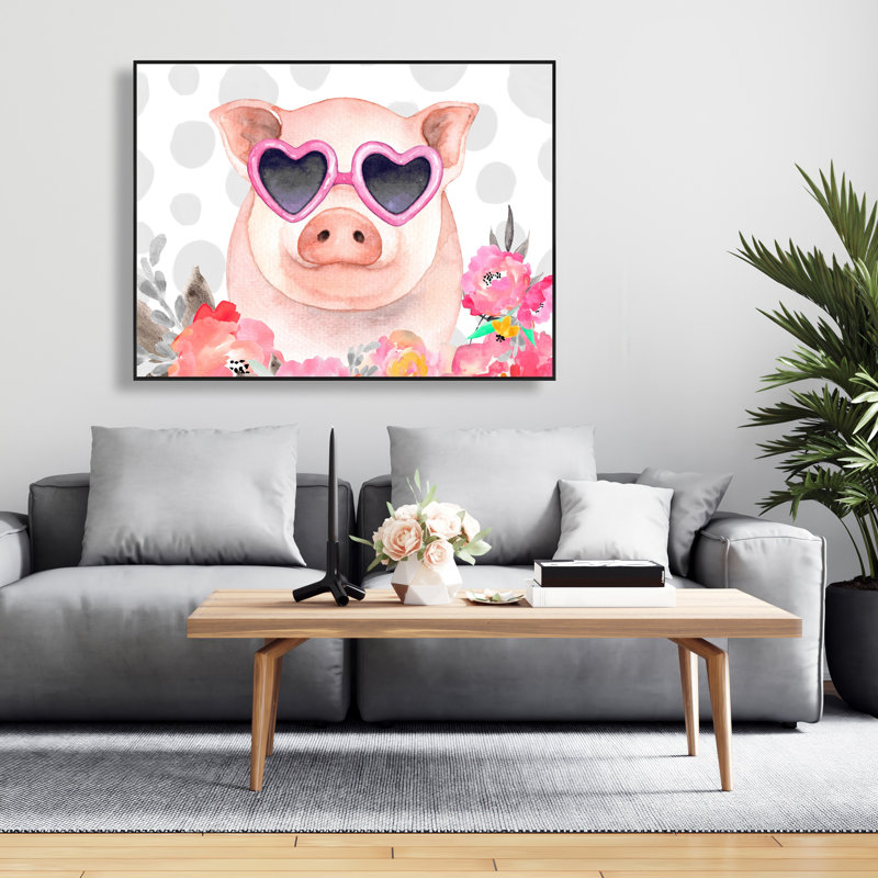 Little pig in love - Pink Flowers Framed Canvas Decor