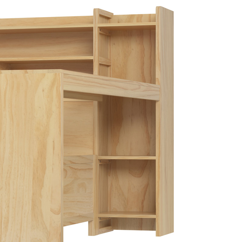 Lit de jour en bois avec tablettes de rangement, lit multifonctionnel avec lit gigogne et bureau, Naturel, Lit simple