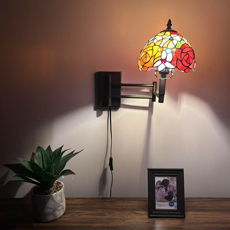 Tiffany Sconce Lamp Plug in Swing Arm Stained Glass Rose Flowers LED Bulb Included 13”W*8”D*15”H, Red/Green/White